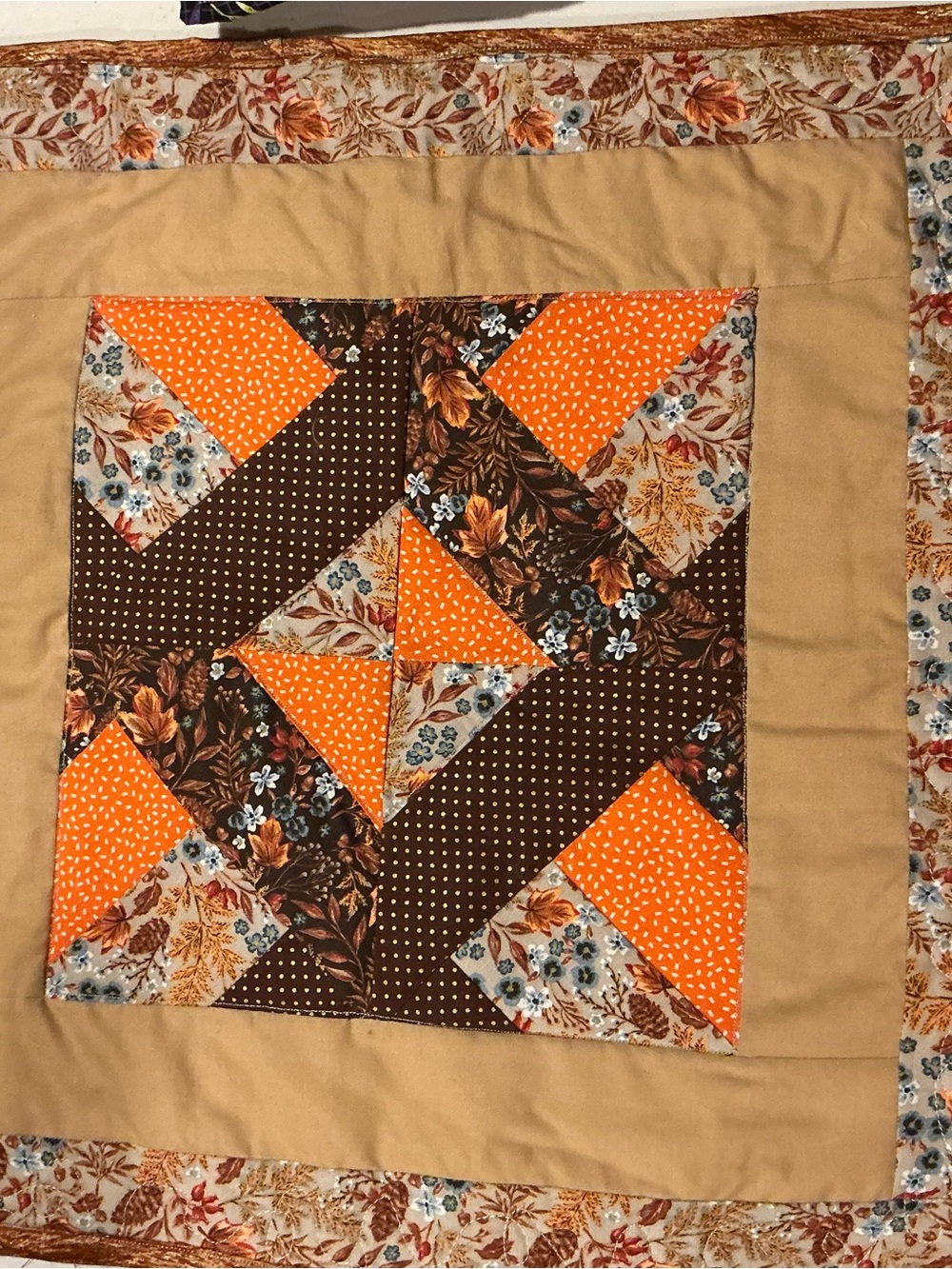 Hand Crafted Orange, Brown & Cream Patchwork Quilt kitchen decor items